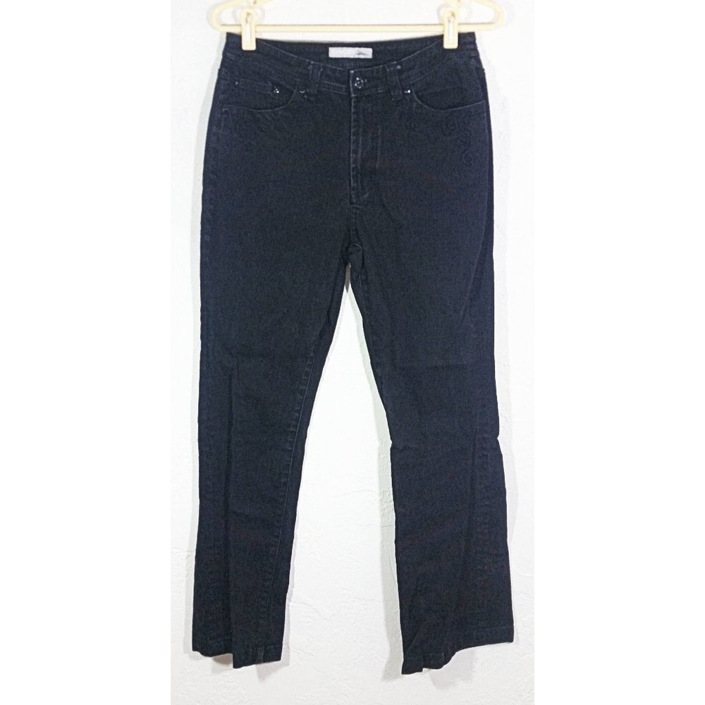 Chicos Platinum Jeans Size 1 Black Embroidered Sequins Pockets Pants